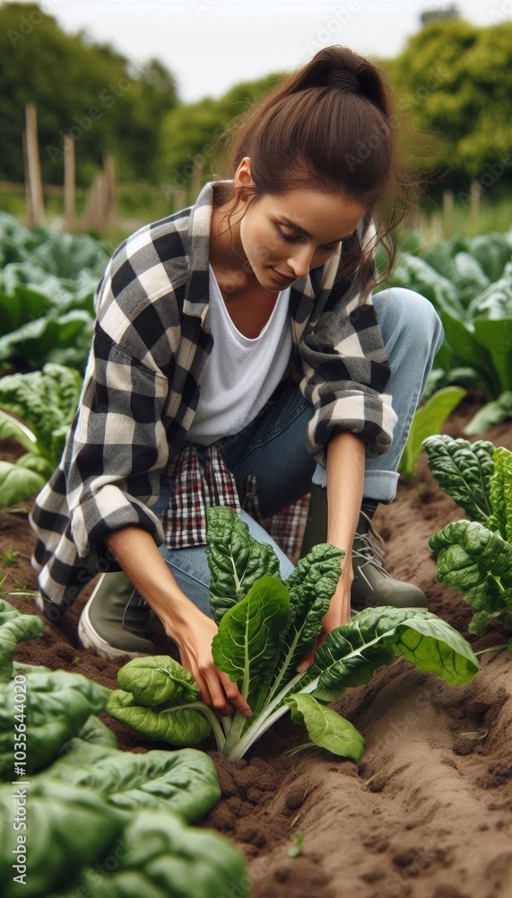 Young Female Farmer Harvesting Fresh Green Chard in an Organic Garden, Dressed Casually, Showing Dedication to Sustainable Agriculture Under a Cloudy Sky in a Rural Setting Young Female Farmer Harvesting Fresh Green Chard in an Organic Garden, Dressed Casually, Showing Dedication to Sustainable Agriculture Under a Cloudy Sky in a Rural Setting