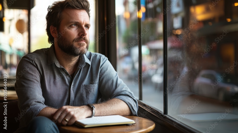 Bearded man sitting by a window in a modern coffee shop, notebook in hand, thoughtful expression, natural light filtering through, urban street view slightly blurred Bearded man sitting by a window in a modern coffee shop, notebook in hand, thoughtful expression, natural light filtering through, urban street view slightly blurred