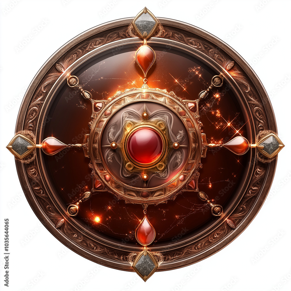 Fantasy game icon depicting an open shield with a large red gem and glowing runes, featuring intricate designs against a white background in high-resolution digital painting Fantasy game icon depicting an open shield with a large red gem and glowing runes, featuring intricate designs against a white background in high-resolution digital painting