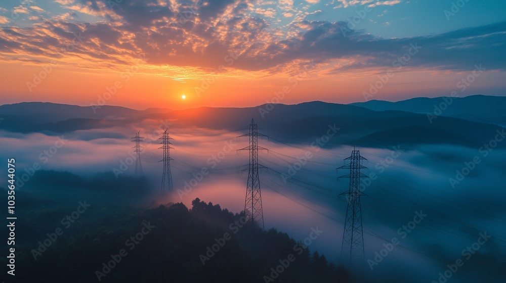 Fototapeta premium power transmission lines tower in the hill with sunset background