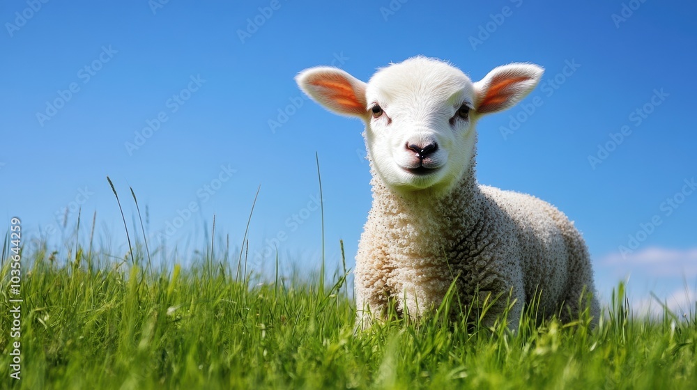 Single lamb in a grassy field, clear blue sky background, focus on the lamb. Single lamb in a grassy field, clear blue sky background, focus on the lamb.