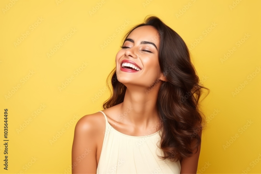 Portrait of a beautiful young happy smiling woman, over yellow background Portrait of a beautiful young happy smiling woman, over yellow background