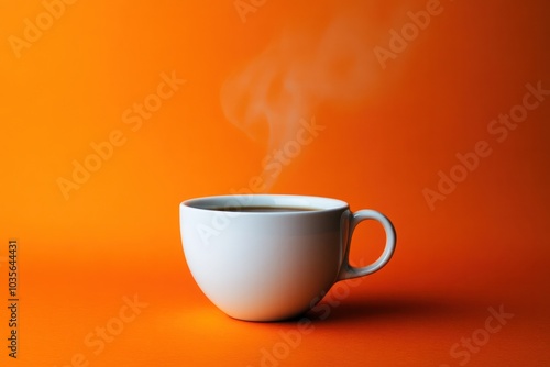 A simple, yet elegant white coffee cup placed against a bold orange background, emphasizing the shape and form of the cup. The steam rising from the coffee adds a touch of warmth