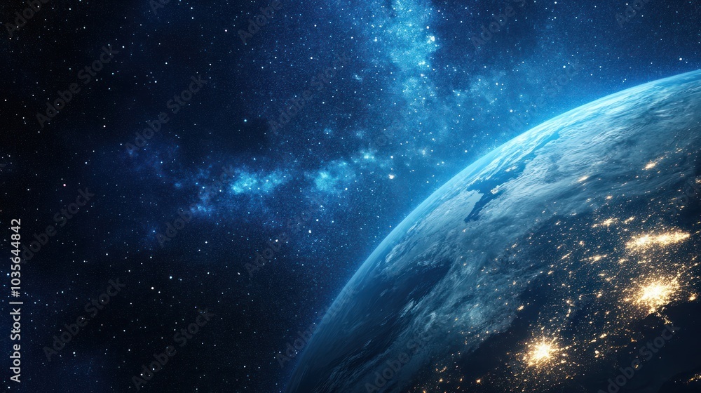 Obraz premium A stunning satellite image of the night side of Earth, with bright clusters of cities standing out amidst the darkness