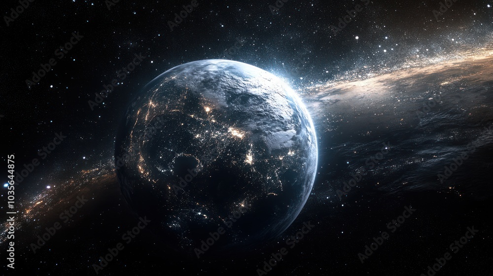 Obraz premium A stunning satellite image of the night side of Earth, with bright clusters of cities standing out amidst the darkness