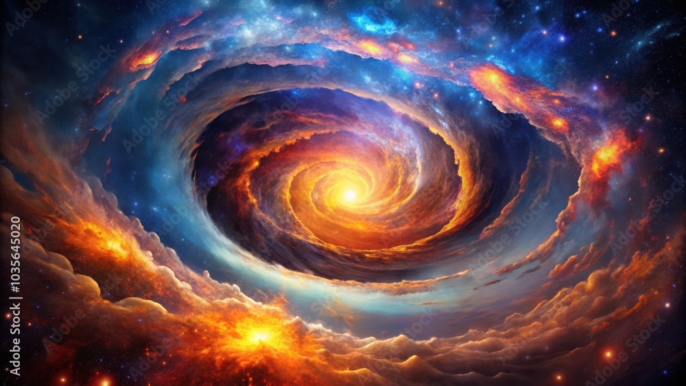 A fiery cosmic spiral, a celestial dance of clouds and stars in a vibrant symphony of color. A fiery cosmic spiral, a celestial dance of clouds and stars in a vibrant symphony of color.
