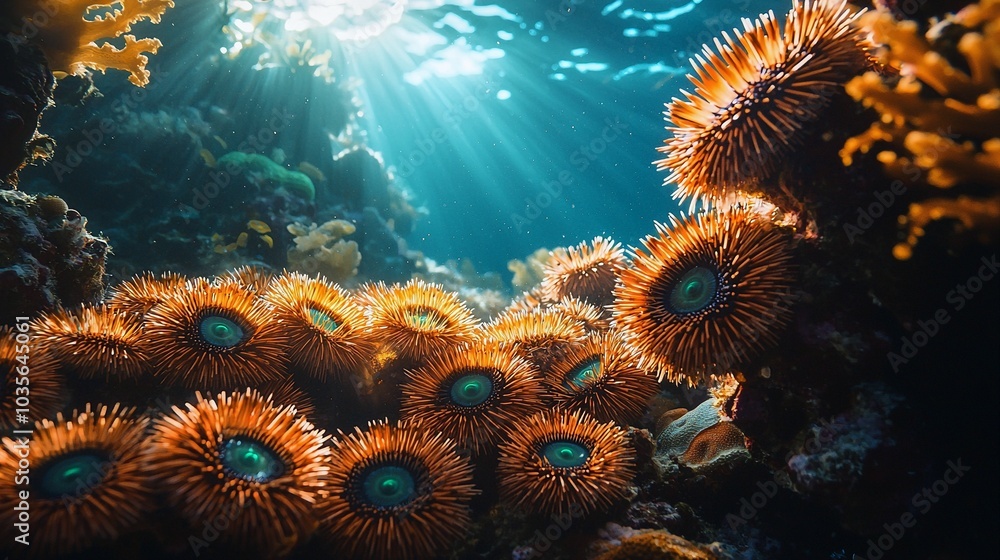 Sea Urchins in Coral: A Beautiful Ocean Scene with Soft Ambient Light Sea Urchins in Coral: A Beautiful Ocean Scene with Soft Ambient Light