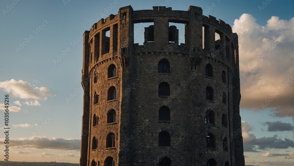 A stunning archer tower bathed in golden sunlight creates a magical atmosphere A stunning archer tower bathed in golden sunlight creates a magical atmosphere