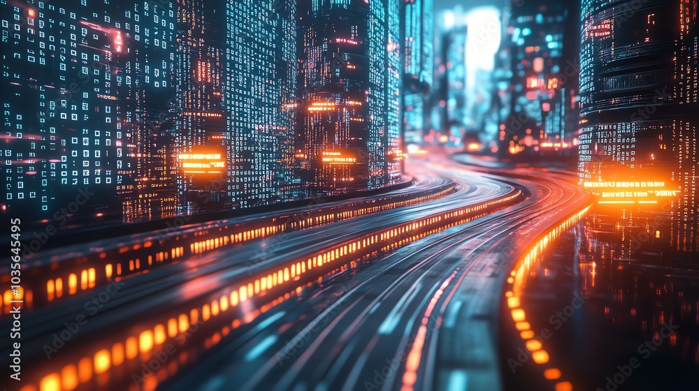 Futuristic cityscape with illuminated roads and high-tech buildings at night. Futuristic cityscape with illuminated roads and high-tech buildings at night.