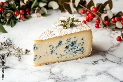 A vibrant image of a wedge of blue cheese placed on a marble countertop, with its crumbly texture and blue veins prominently displayed.