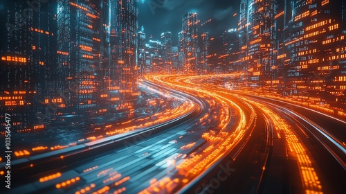 Futuristic cityscape with glowing orange lights and dynamic movement.