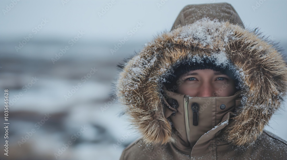 Close-up of person wearing fur-lined hood and winter jacket in snowy environment Close-up of person wearing fur-lined hood and winter jacket in snowy environment