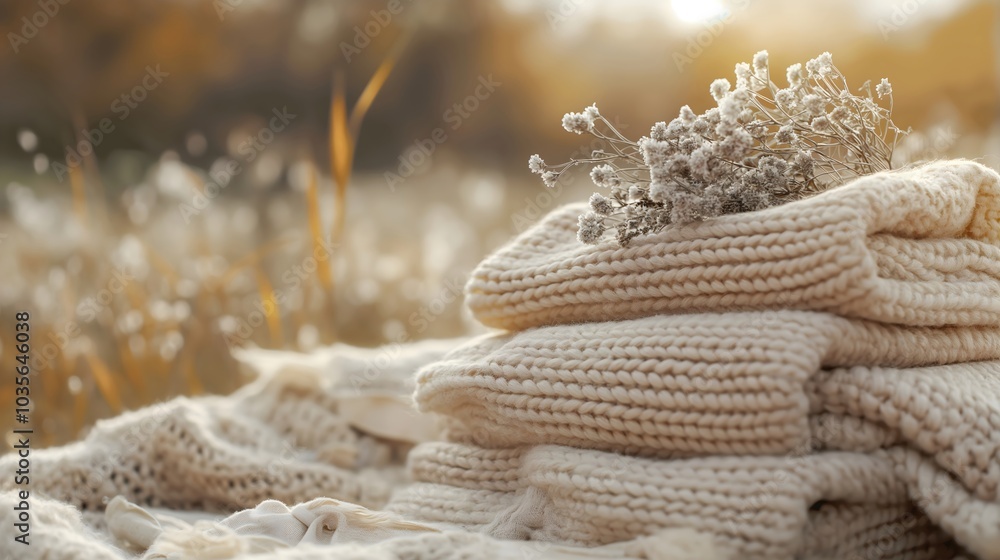 Stack of knitted sweaters with dried flowers on top in sunlit field Stack of knitted sweaters with dried flowers on top in sunlit field