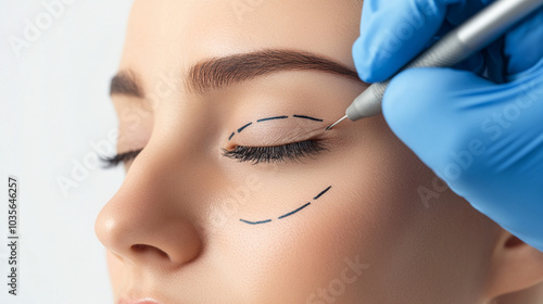 Eyelid surgery, blepharoplasty. Beautician drawing lines with pen on young woman face photo