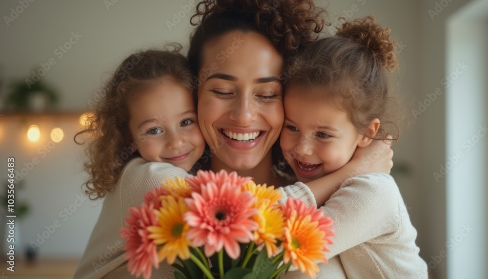 A happy mother hugging her two children, holding a bouquet of colorful flowers. The image conveys warmth, love, and family bonding. A happy mother hugging her two children, holding a bouquet of colorful flowers. The image conveys warmth, love, and family bonding.