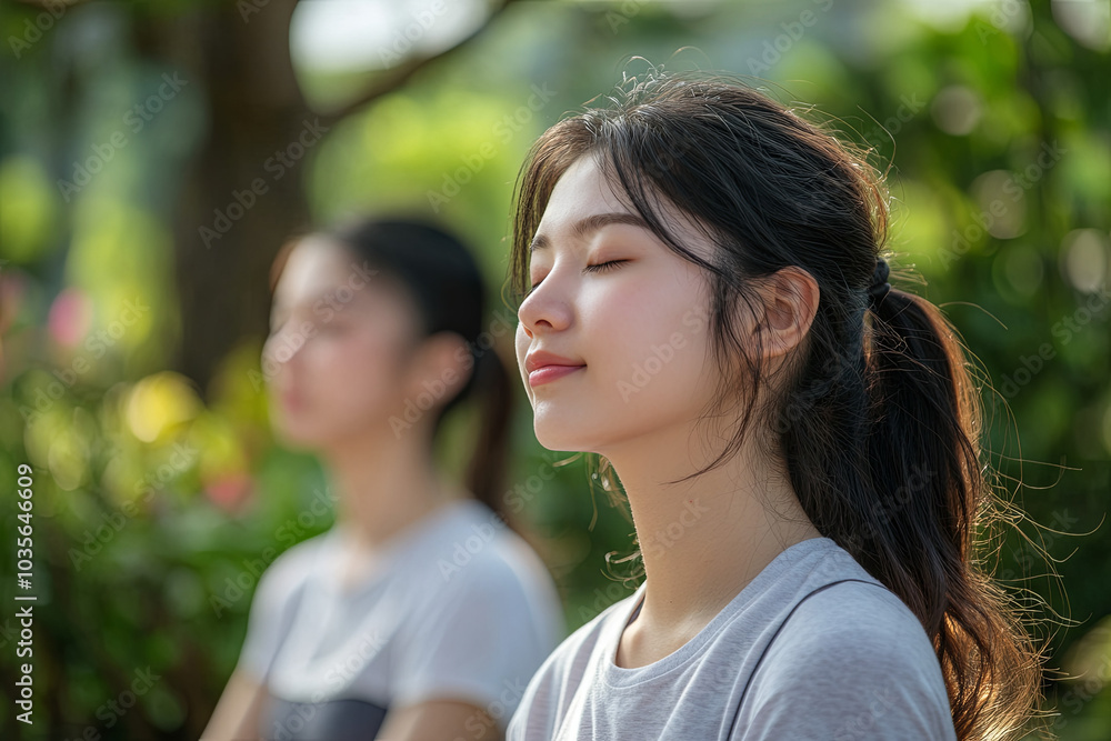 Asian female friends practicing yoga and meditating in garden at home Asian female friends practicing yoga and meditating in garden at home