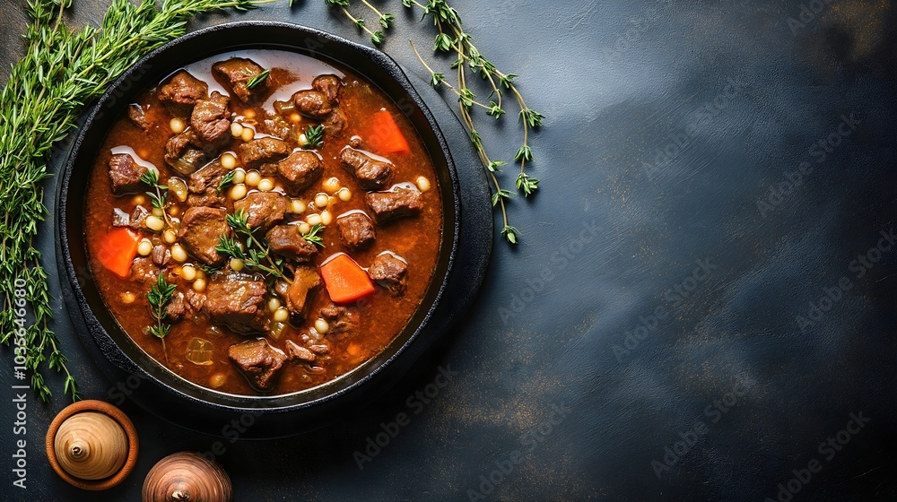 Beef stew with carrots and chickpeas in black pot surrounded by fresh thyme sprigs and spice grinders Beef stew with carrots and chickpeas in black pot surrounded by fresh thyme sprigs and spice grinders