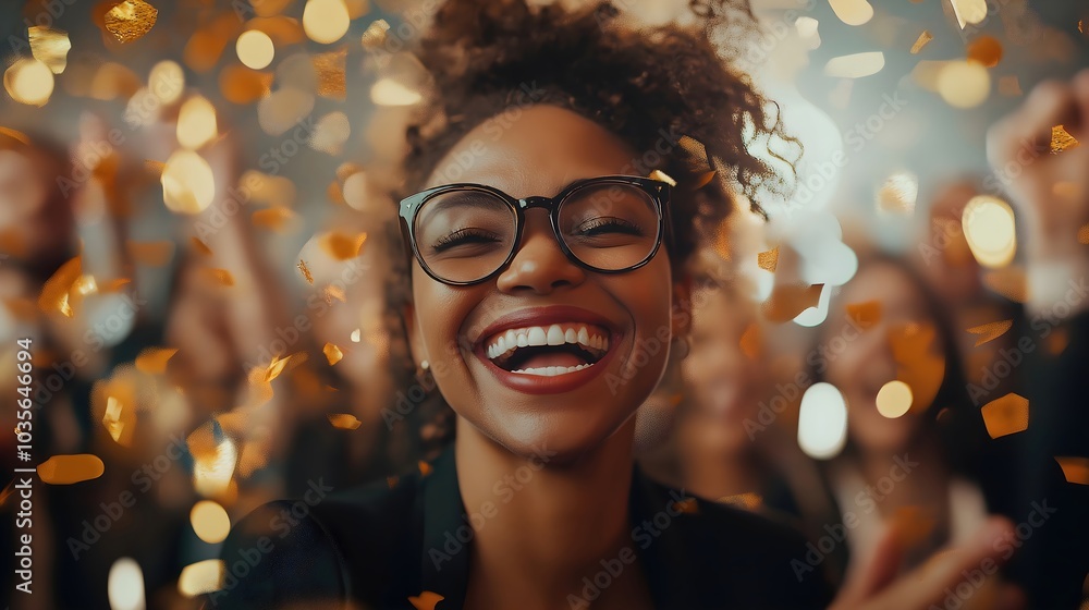 Close-up of young woman with curly hair and glasses laughing surrounded by golden confetti Close-up of young woman with curly hair and glasses laughing surrounded by golden confetti