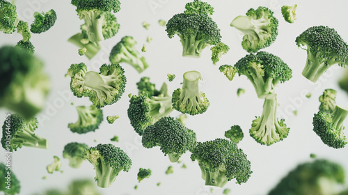 falling broccoli on whte background photo