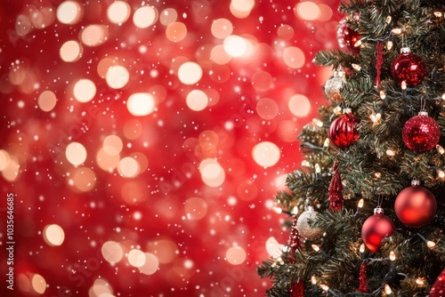 An elegantly styled Christmas tree, draped with glimmering garlands and surrounded by twinkling bokeh lights. The vivid red background contrasts beautifully with the bright ornaments