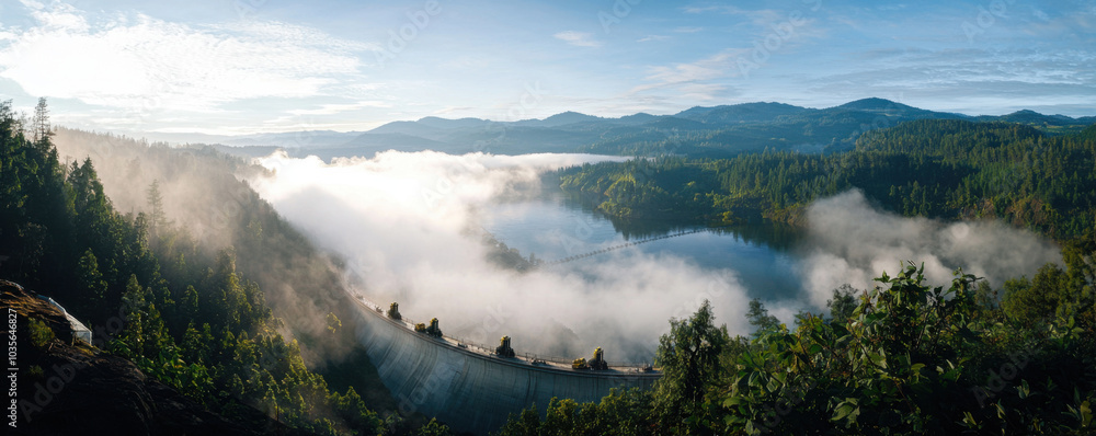 breathtaking view of dam surrounded by lush green forests and misty mountains. serene landscape captures beauty of nature, with tranquil lake reflecting sky breathtaking view of dam surrounded by lush green forests and misty mountains. serene landscape captures beauty of nature, with tranquil lake reflecting sky