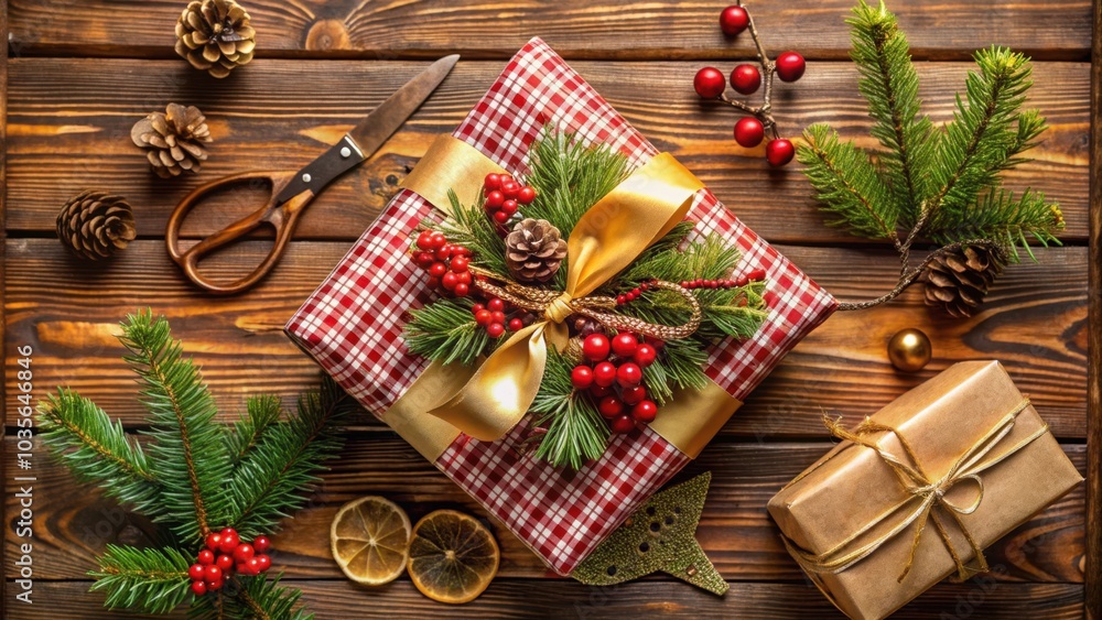 A beautifully wrapped Christmas gift with a golden ribbon and pine branches adorned with red berries, placed on a rustic wooden surface with additional gifts and decorative elements. A beautifully wrapped Christmas gift with a golden ribbon and pine branches adorned with red berries, placed on a rustic wooden surface with additional gifts and decorative elements.