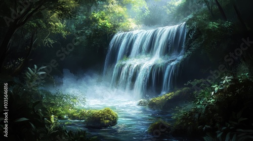 Tranquil Waterfall in Lush Forest