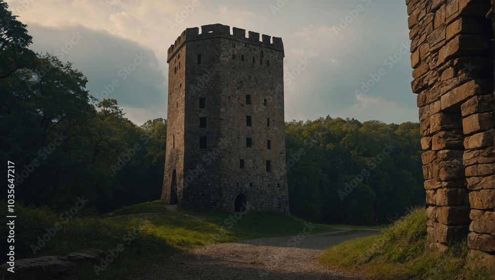 A stunning archer tower illuminated by the soft glow of sunset creates warmth and intimacy A stunning archer tower illuminated by the soft glow of sunset creates warmth and intimacy