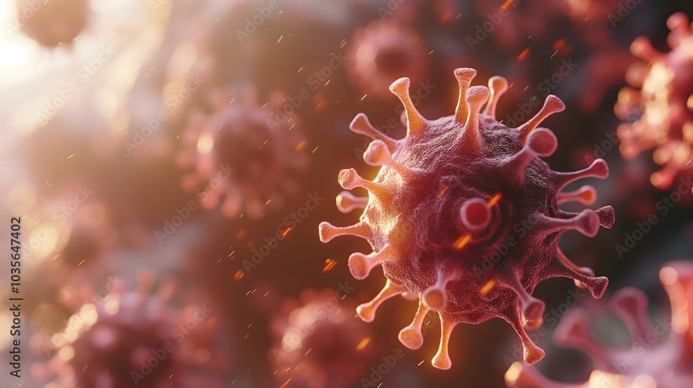 Red coronavirus particle with spike proteins against blurred background of virus cells Red coronavirus particle with spike proteins against blurred background of virus cells