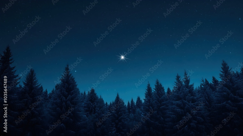 Bright star shining above silhouette of snow-covered pine trees against dark blue night sky Bright star shining above silhouette of snow-covered pine trees against dark blue night sky