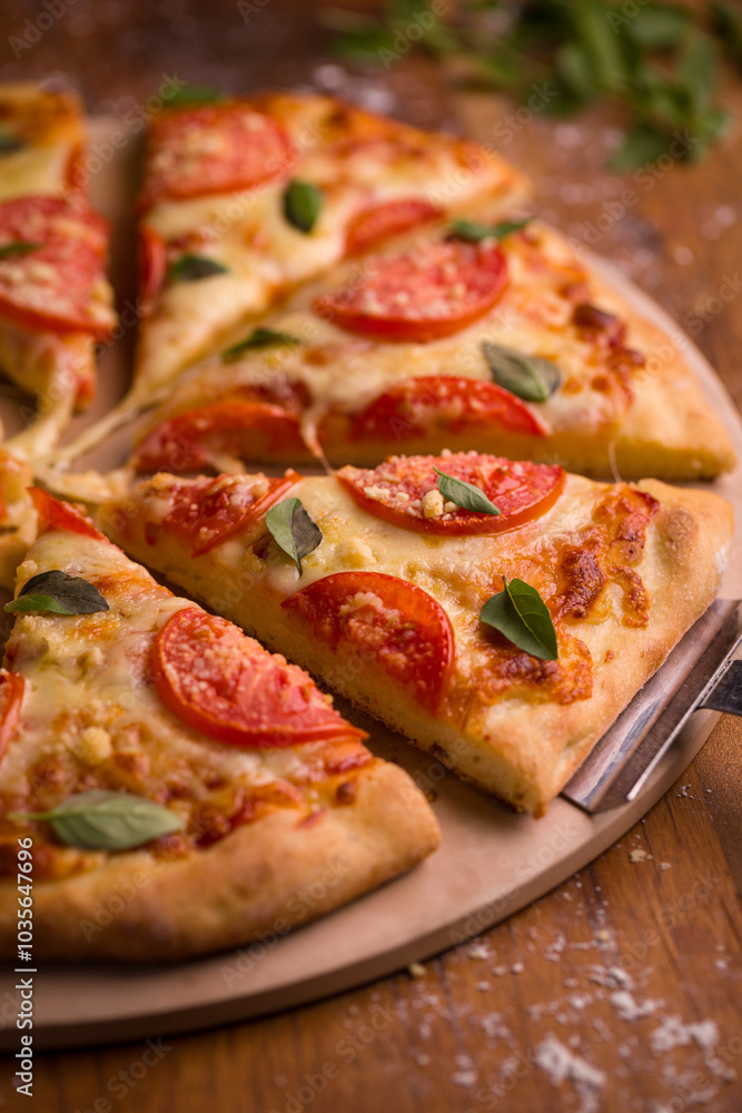 Fresh Italian Margherita Pizza Sliced With Tomatoes And Basil Fresh Italian Margherita Pizza Sliced With Tomatoes And Basil