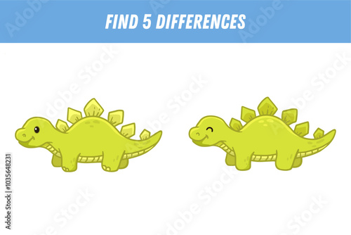 Find 5 differences between two pictures of green dinosaur. Cute dino with smile. Vector illustration 