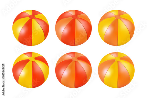 Beach ball, summer inflatable pool toy. Vector isolated 3d render. Ocean island party beachball. Circus clown icon, red orange water balloon. Yellow color realistic plastic object, inflate to game