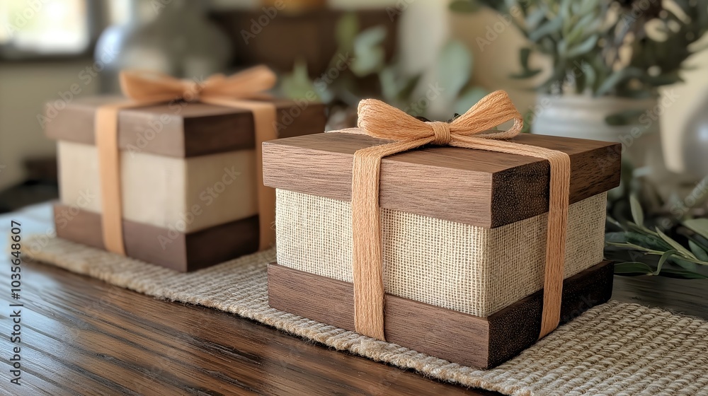 Two-tone wooden gift boxes with burlap and twine bows on table with green plants in background Two-tone wooden gift boxes with burlap and twine bows on table with green plants in background