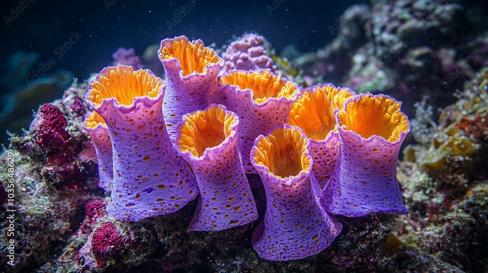 Obraz premium Vibrant Purple and Orange Sea Sponges Illuminated by Ocean Light