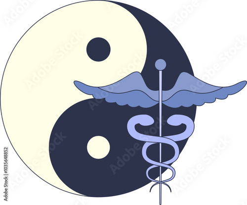 Yin Yang symbol with caduceus represents balance and healing.
