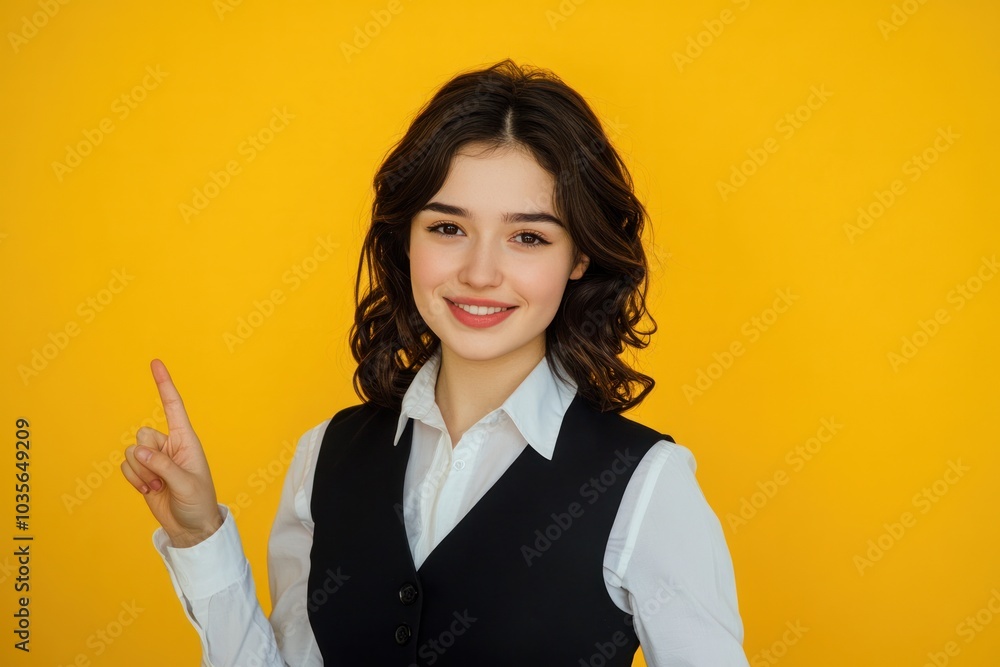 Smiling Russian girl waitress with medium-length dark hair, wearing a stylish black vest over a crisp white shirt. She is gesturing confidently with her finger extended towards the viewer Smiling Russian girl waitress with medium-length dark hair, wearing a stylish black vest over a crisp white shirt. She is gesturing confidently with her finger extended towards the viewer
