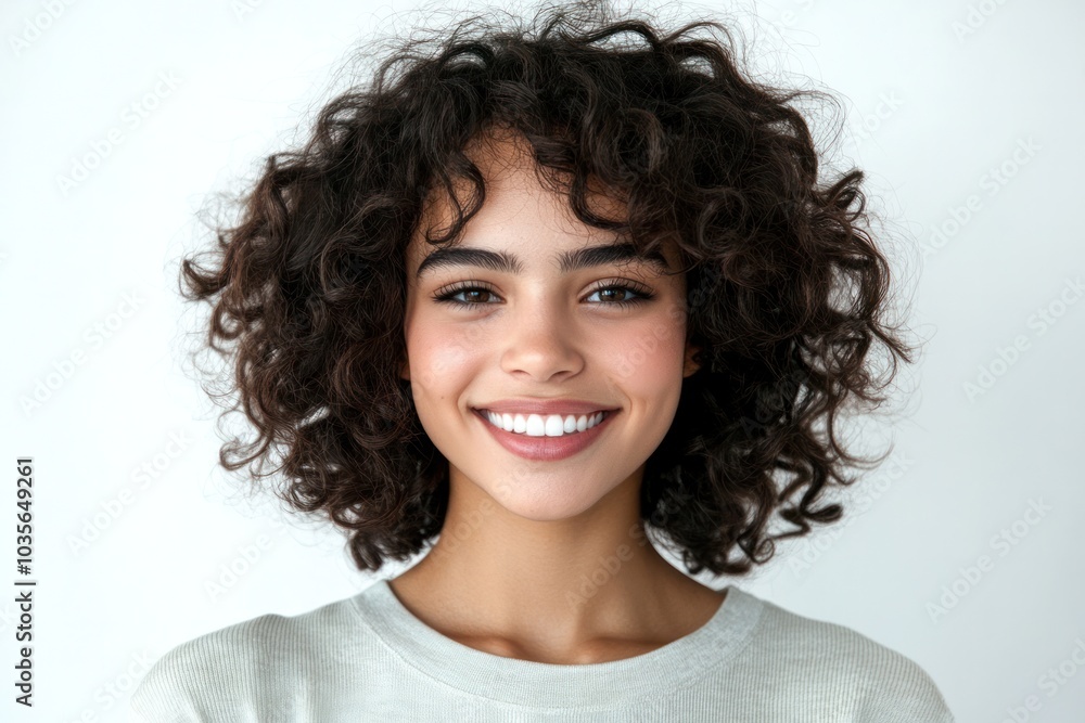 Smiling young woman with curly hair, wearing casual clothes, standing confidently and looking directly at the camera. Smiling young woman with curly hair, wearing casual clothes, standing confidently and looking directly at the camera.