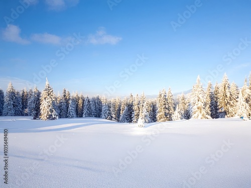 Winter morning sun illuminating snowy landscape with pine trees