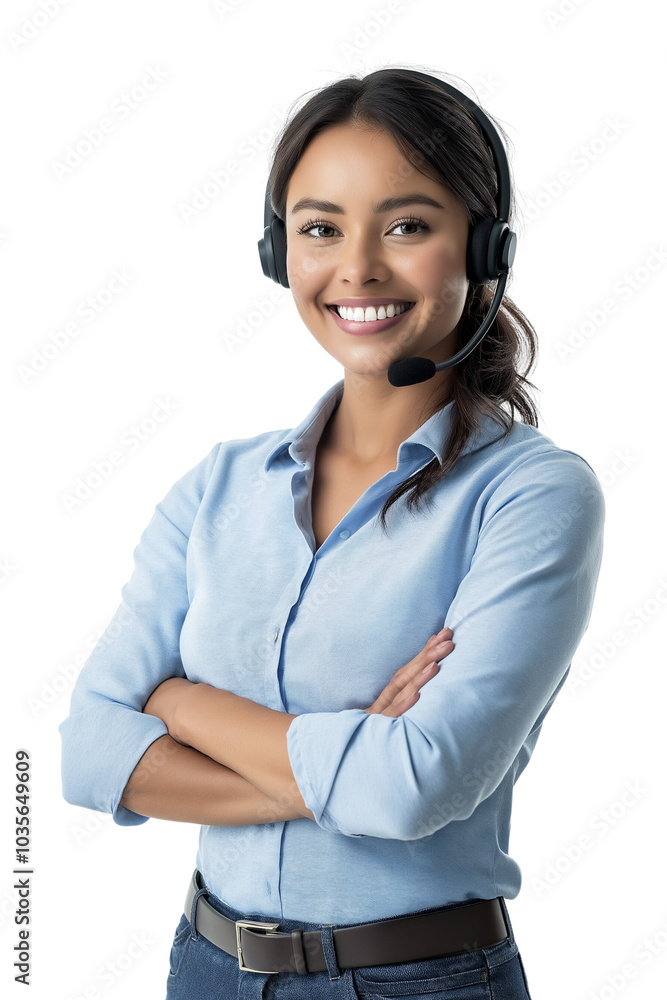 A happy female call center agent or receptionist with headset speaking, counseling in a transparent PNG or white background. assist, telemarketing, customer support operator, representative concept. A happy female call center agent or receptionist with headset speaking, counseling in a transparent PNG or white background. assist, telemarketing, customer support operator, representative concept.