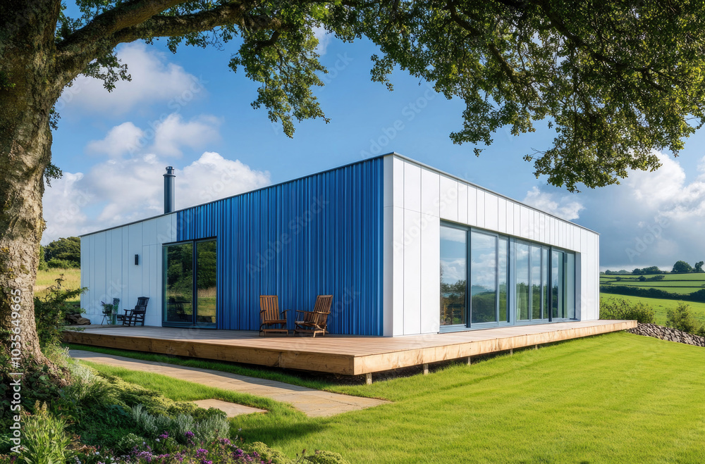 A modern, white building with horizontal lines of blue metal sheeting on the side walls and roof is set in an English countryside landscape with green grass and trees around it A modern, white building with horizontal lines of blue metal sheeting on the side walls and roof is set in an English countryside landscape with green grass and trees around it