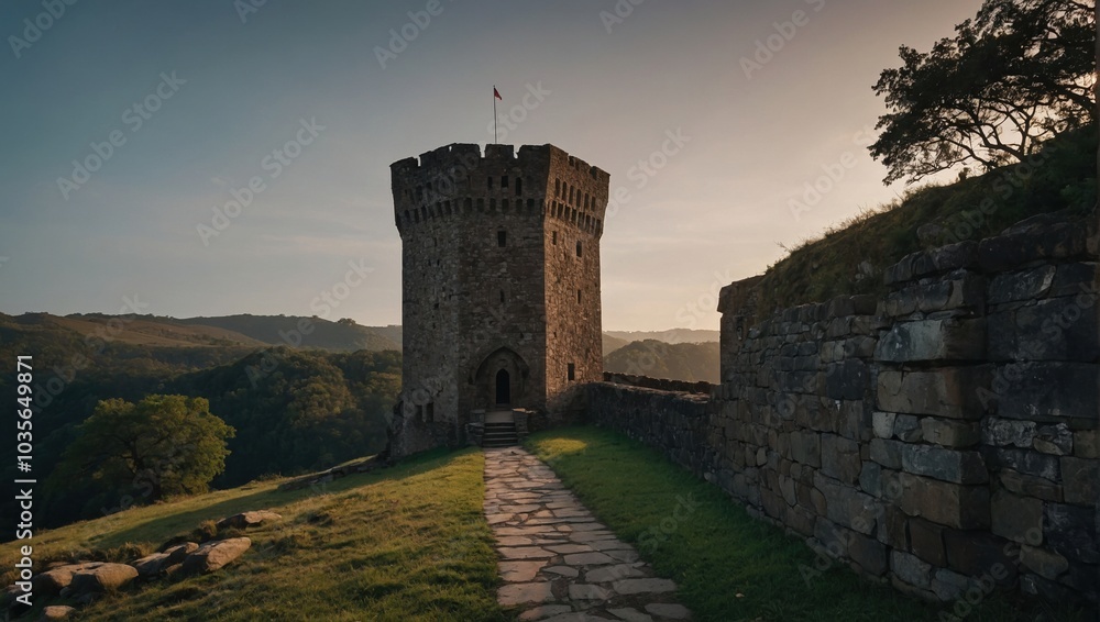 A vibrant archer tower amidst autumn foliage A vibrant archer tower amidst autumn foliage