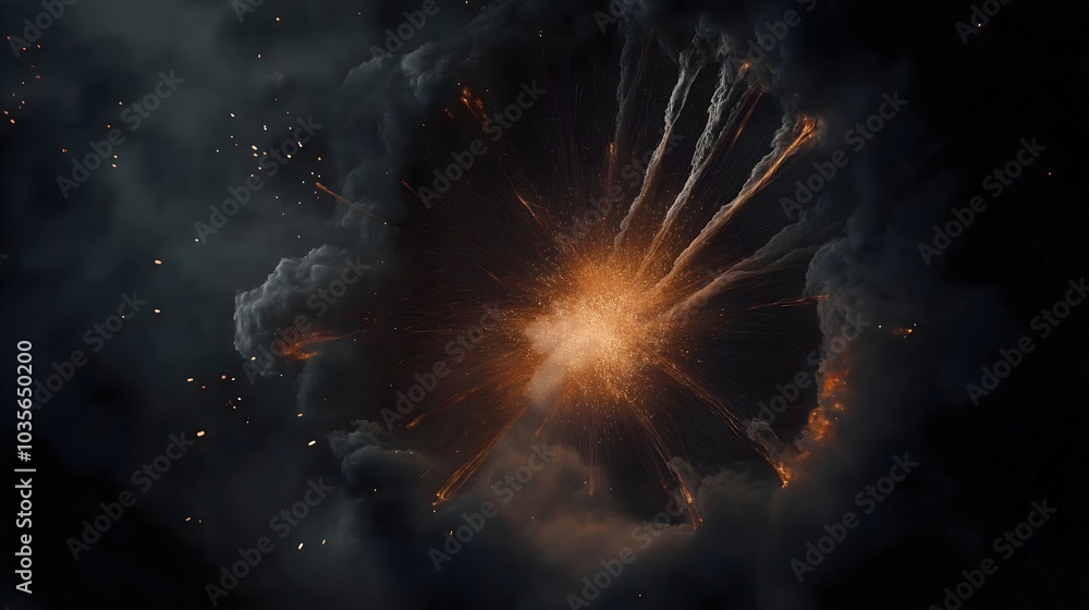 Fototapeta premium Cosmic explosion with fiery center and smoke clouds. Space phenomenon and celestial event concept