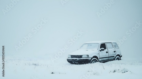 White car partially buried in snow on empty field with pale sky background