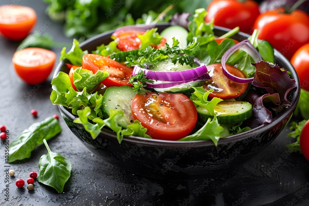 Fresh and Colorful Garden Salad with Tomatoes, Cucumbers, and Greens Fresh and Colorful Garden Salad with Tomatoes, Cucumbers, and Greens