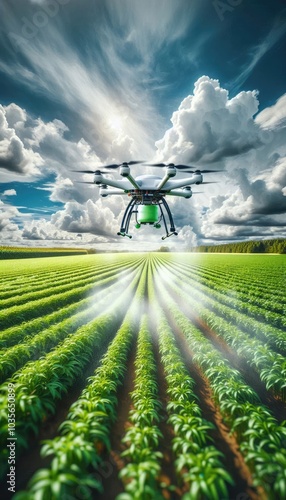 High-Tech Agricultural Drone Spraying Fertilizer Over a Green Crop Field, Showcasing Precision Farming Technology and Sustainable Practices Under a Partly Cloudy Sky