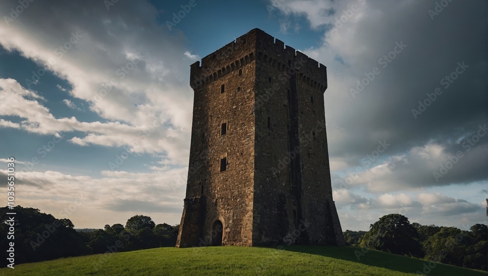 A vibrant archer tower surrounded by greenery A vibrant archer tower surrounded by greenery