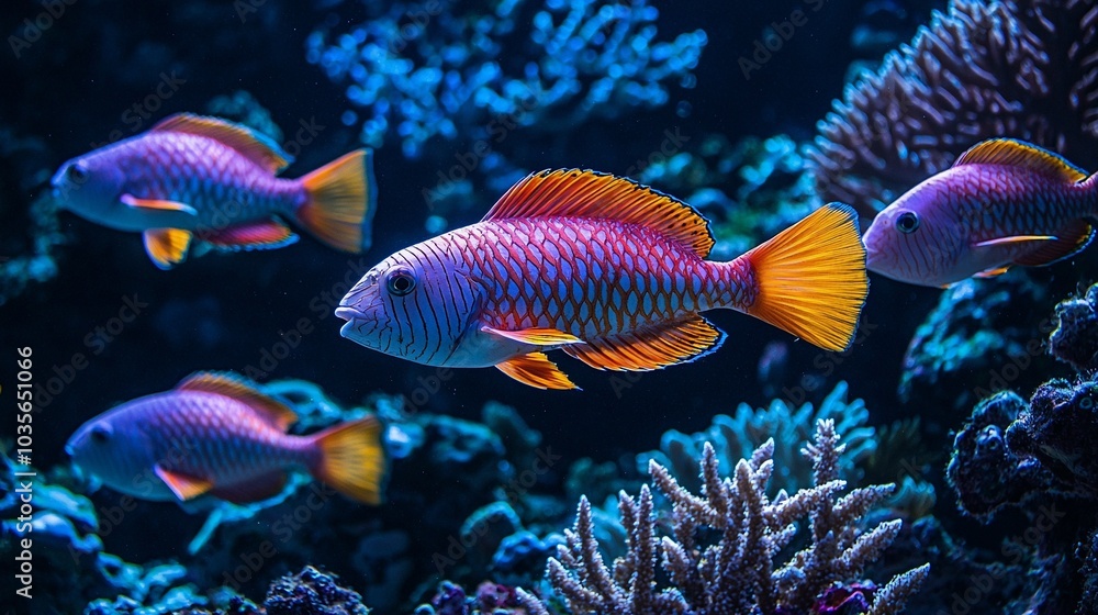 Obraz premium Parrotfish School Grazing on Coral in Shallow Ocean Light
