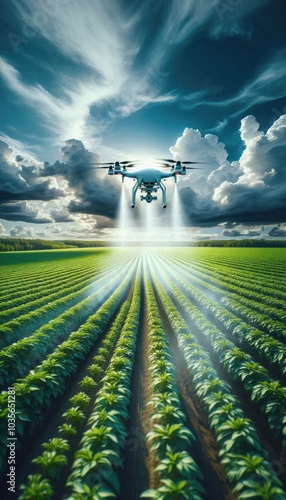 High-Tech Agricultural Drone Spraying Fertilizer Over a Green Crop Field, Showcasing Precision Farming Technology and Sustainable Practices Under a Partly Cloudy Sky