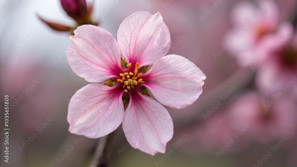 Beautiful pink cherry blossom petals with pollen against soft bokeh background Beautiful pink cherry blossom petals with pollen against soft bokeh background